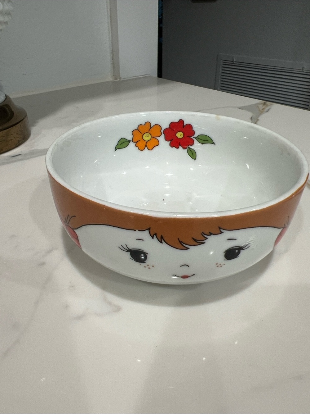 Vintage Kitsch Girl Face Bowl Retro Floral Ceramic 6” Red Bow